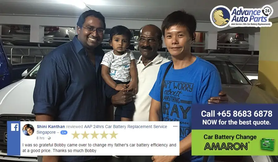Bobby Ng, AAP 5-Star Mechanic, replacing a car battery onsite in Singapore at night